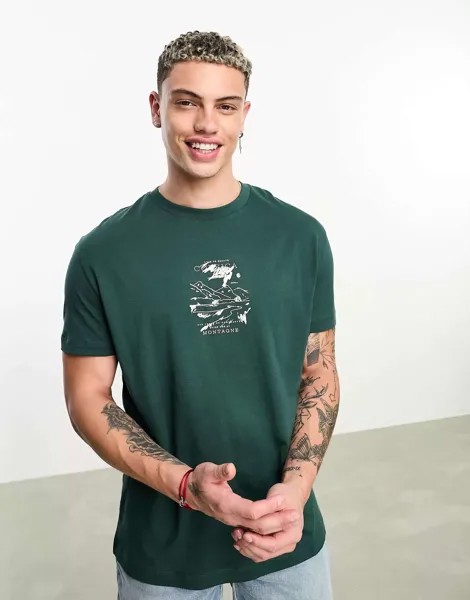Зеленая непринужденная футболка с принтом на груди ASOS