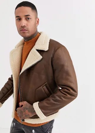 Светло-коричневая куртка-авиатор с отделкой искусственной овечьей шерстью Only & Sons-Светло-коричневый
