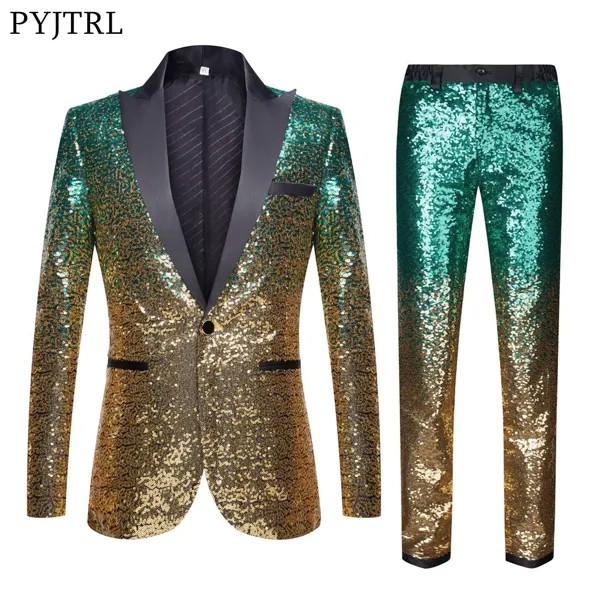 Мужской пиджак с брюками PYJTRL, стильный пиджак с постепенной сменой, зеленые и золотые блестки, костюмы певцов