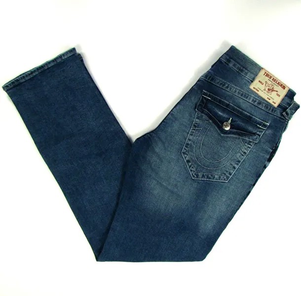 Мужские джинсы True Religion RICKY 36 x 34 с клапанами на заднем кармане, темно-синий, расслабленный