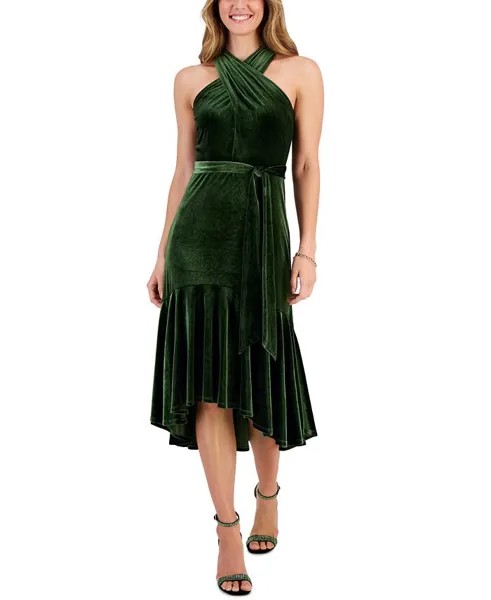 Женское бархатное платье с асимметричным подолом и бретельками на шее Taylor, зеленый