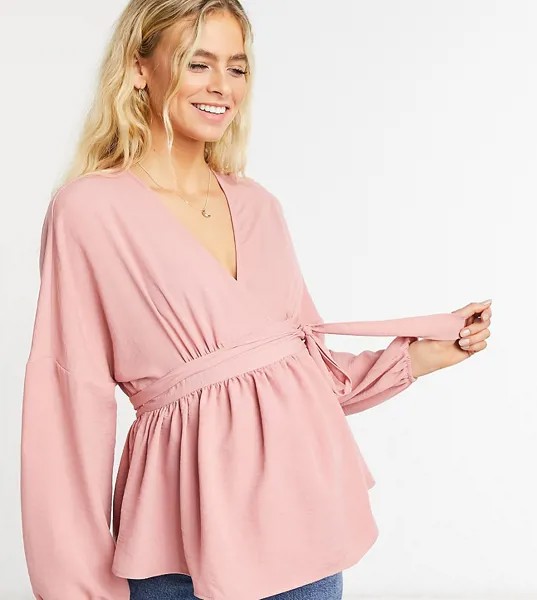 Розовая блузка с длинными рукавами и запахом спереди ASOS DESIGN Maternity-Розовый цвет