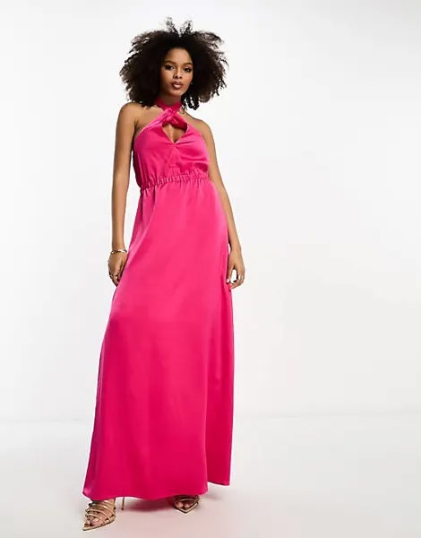 Ярко-розовое атласное платье макси с воротником-халтером YAS Bridesmaid