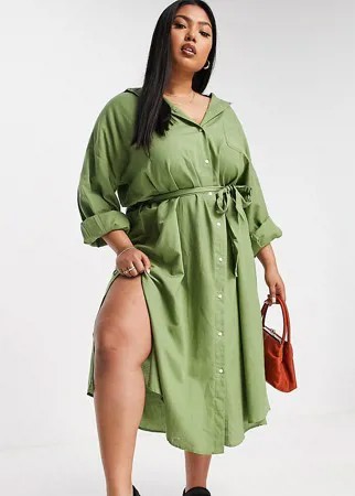 Пляжная рубашка макси цвета хаки с ремнем ASOS DESIGN Curve-Зеленый цвет