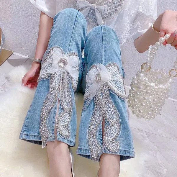Синие женские джинсы с разрезом, новинка, эластичные расклешенные брюки с завышенной талией и бисером, повседневные винтажные женские брюки до щиколотки в Корейском стиле