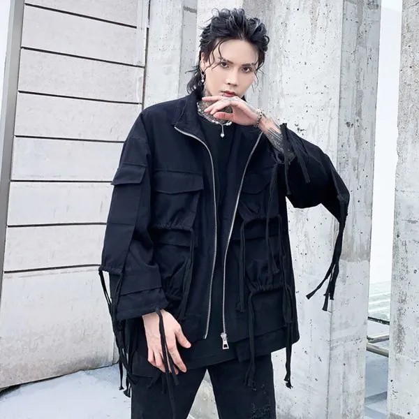Осенняя японская мода, черная уличная одежда, повседневная куртка, мужское зимнее пальто, темная ветровка на молнии, верхняя одежда для мужч...