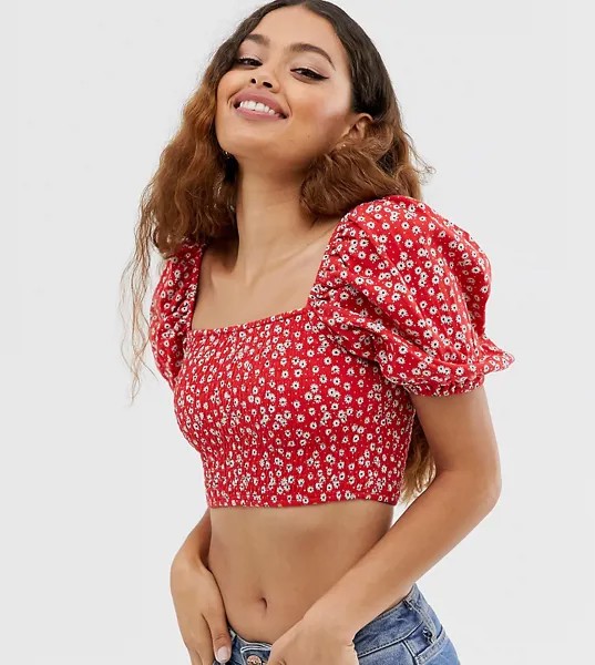 Красный присборенный облегающий топ с цветочным принтом ASOS DESIGN Petite