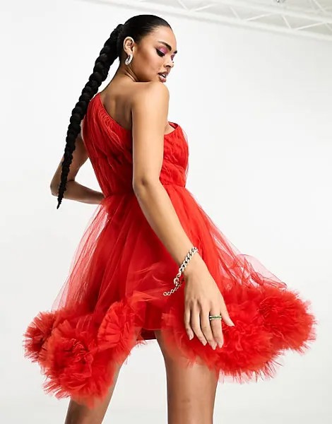 Эксклюзивное красное мини-платье из тюля на одно плечо с оборками и подолом Lace & Beads