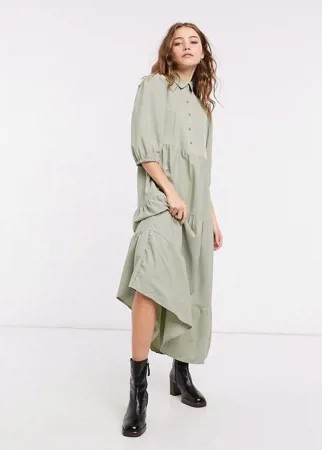 Свободное многоярусное платье-рубашка миди с защипами цвета хаки ASOS DESIGN-Зеленый