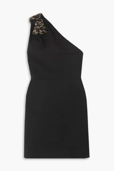 Платье мини из крепа на одно плечо, расшитое пайетками и бантом MIU MIU, черный