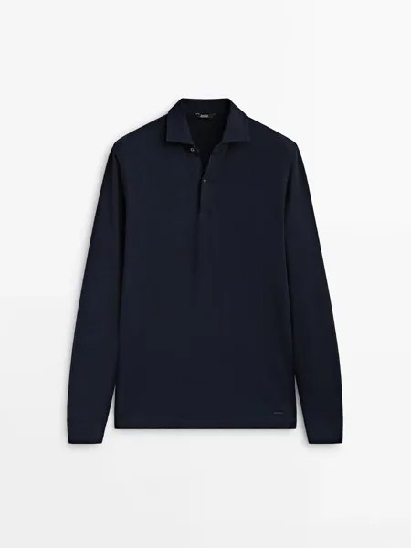 Рубашка-поло с длинными рукавами из смеси хлопка и шерсти Massimo Dutti, темно-синий