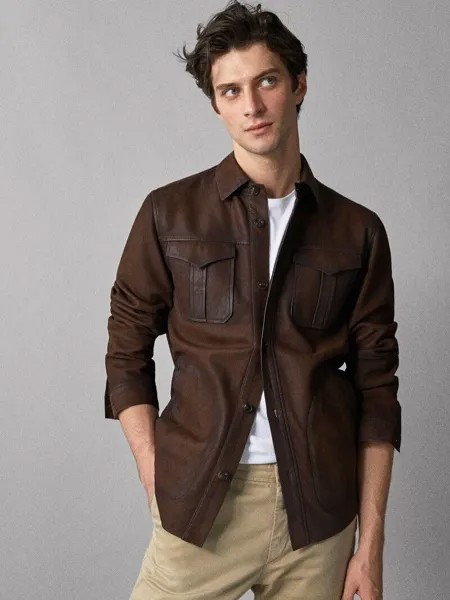 Мужская куртка-рубашка Коричневая натуральная мягкая рубашка из вощеной кожи из натуральной овчины