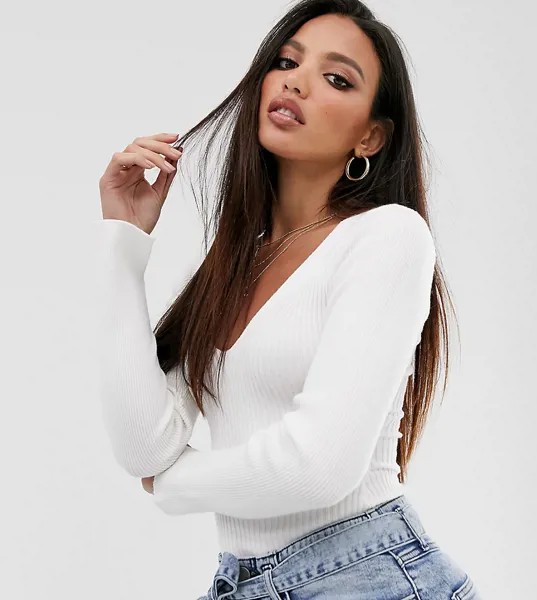 Трикотажный боди с V-образным вырезом ASOS DESIGN Tall-Белый