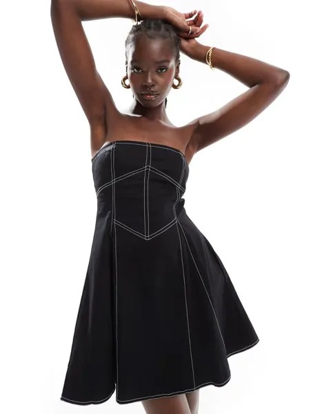 Черное мини-платье-бандо из твила с контрастной строчкой ASOS DESIGN