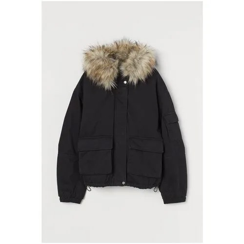 Парка  H&M, демисезон/зима, средней длины, силуэт прямой, капюшон, карманы, съемный мех, манжеты, размер M, черный