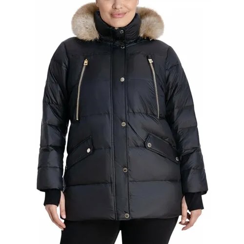 Пуховик Michael Kors XL Plus Size черный на молнии, капюшон с меховой отделкой, манжеты с отверстием для большого пальца Womens Down Puffer Coat