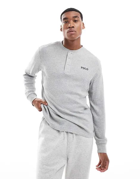 Серая футболка с вафельным воротником и длинными рукавами Polo Ralph Lauren Lounge