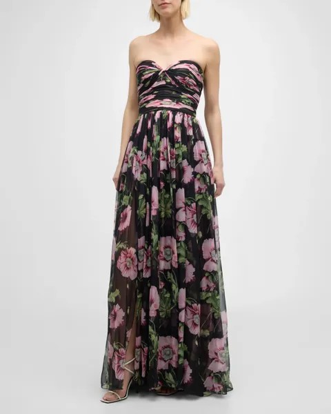 Шифоновое платье без бретелек с принтом «Маки» Oscar de la Renta, цвет Navy Pink