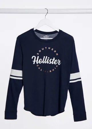 Темно-синий лонгслив с логотипом на груди Hollister