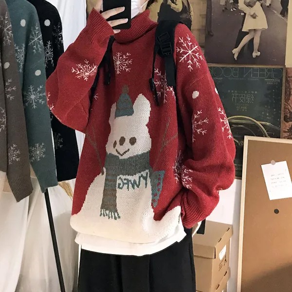 Осенне-зимний свитер для рождественских пар, корейский винтажный Свободный Топ ленивый Kpop с высоким воротником, трендовые утепленные повсе...