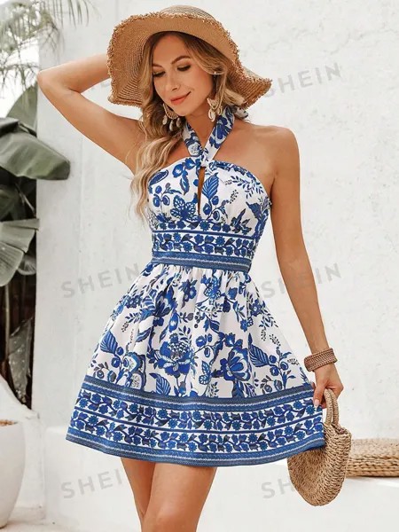 SHEIN VCAY женское летнее праздничное платье макси с бретелькой на шее и растительным принтом, синий и белый