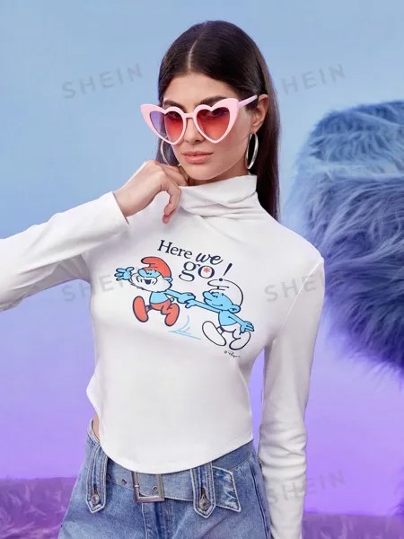 SHEIN Футболка с высоким воротником и мультяшным рисунком X The Smurfs, белый