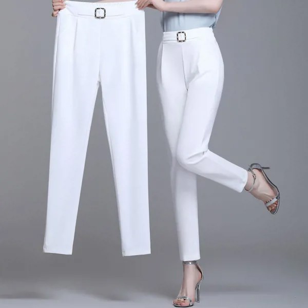Элегантные эластичные гаремные брюки с высокой талией для женщин Повседневные брюки Капри Мода Однотонные карманы Ремни Брюки