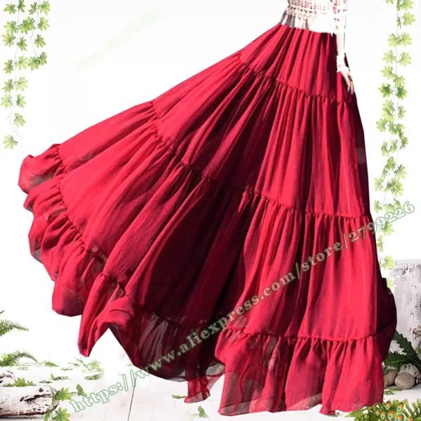 Женские длинные юбки из тюля, элегантные юбки больших размеров в стиле бохо, красные шифоновые плиссированные длинные юбки для танцев, мода ...