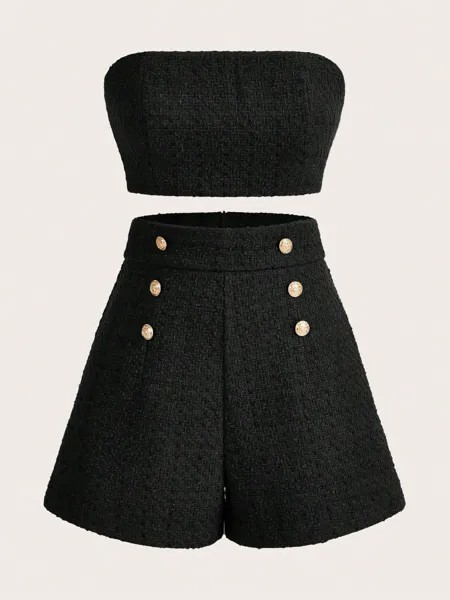 SHEIN MOD рубашка без бретелек, однотонная, шорты, пуговицы, черный цвет