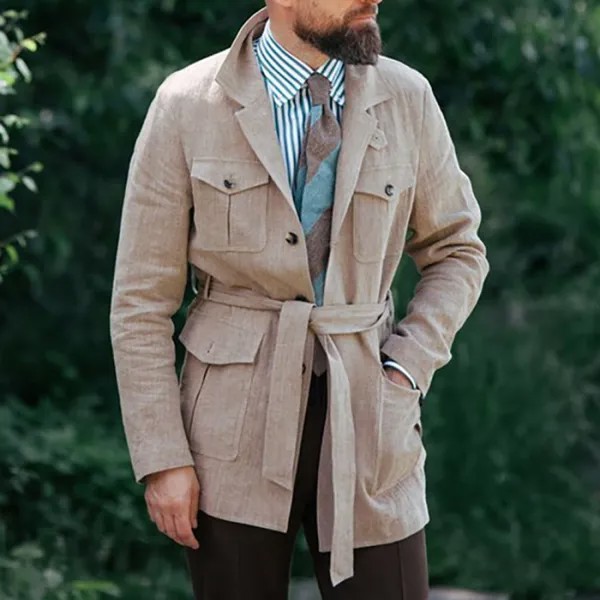 Мужской блейзер льняной повседневный пиджак с несколькими карманами