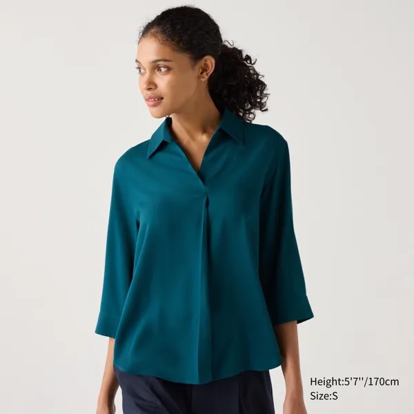 Вискозная блузка с открытым воротником и рукавами 3/4 UNIQLO, зеленый