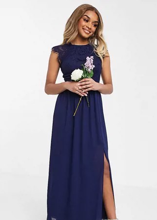 Темно-синее платье макси для подружки невесты с кружевной отделкой и открытой спиной TFNC Petite-Темно-синий