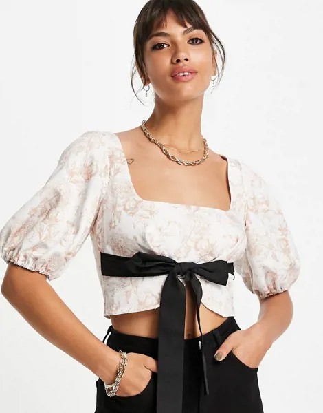 Укороченная блузка с квадратным вырезом, пышными рукавами, контрастным поясом и цветочным принтом ASOS DESIGN-Multi
