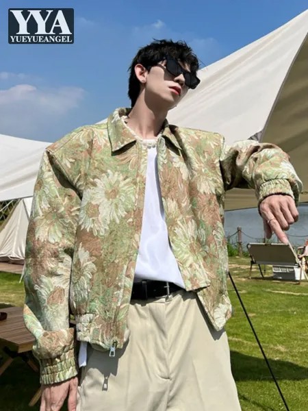 Куртка мужская с цветочным принтом, короткий пиджак-карго в Корейском стиле Харадзюку, верхняя одежда на молнии, свободная повседневная оде...