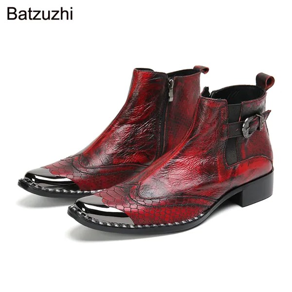 Ботинки Batzuzhi мужские в итальянском стиле, серебристые ботильоны из натуральной кожи с металлической головкой, ручная работа, красные ботинки для вечерние НКИ/свадьбы, искусственная кожа