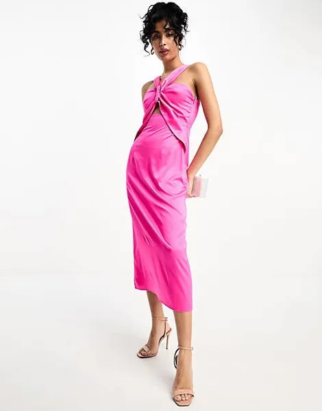 Ярко-розовое атласное платье миди с вырезом спереди YAS
