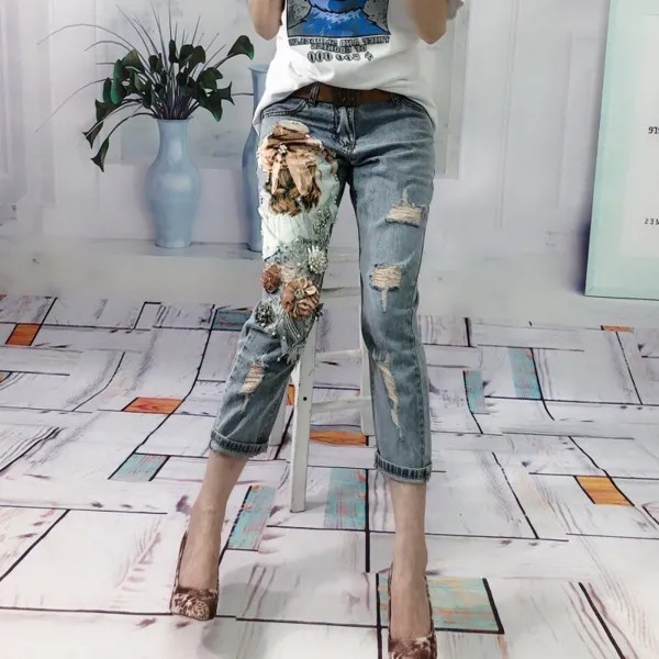 Женские джинсы-бойфренды, винтажные бронзовые рваные джинсы с блестками и бисером, брюки-карандаш с вышивкой, шаровары, 2021