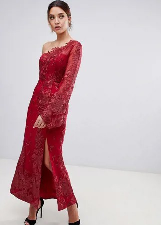 Кружевное красное платье миди на одно плечо с вышивкой Bariano-Красный
