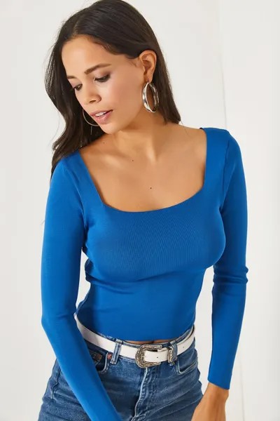 Базовая трикотажная блузка цвета индиго с квадратным воротником Olalook, синий