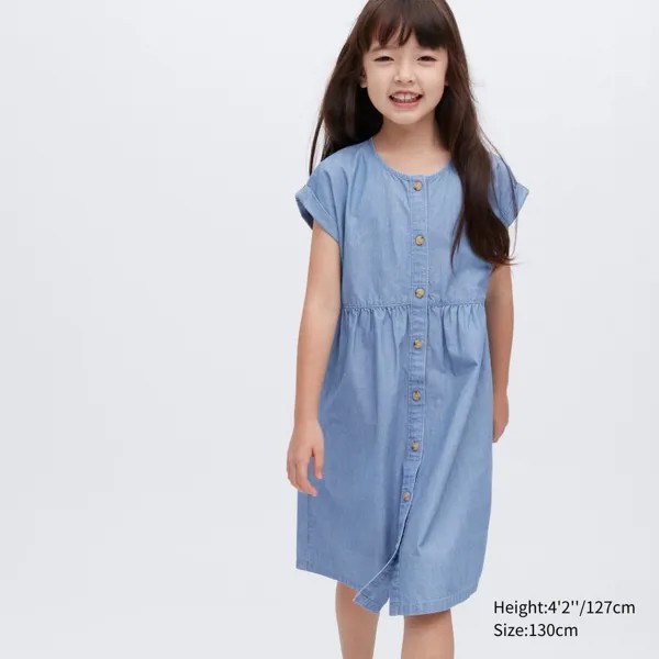 UNIQLO GIRLS Платье из шамбре со сборками и короткими рукавами