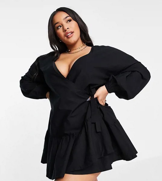 Черное платье мини из хлопкового поплина с запахом ASOS DESIGN Curve-Черный цвет