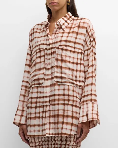 Эффектная блузка оверсайз на пуговицах в клетку DOROTHEE SCHUMACHER, цвет 074 - Brown And Rose Check