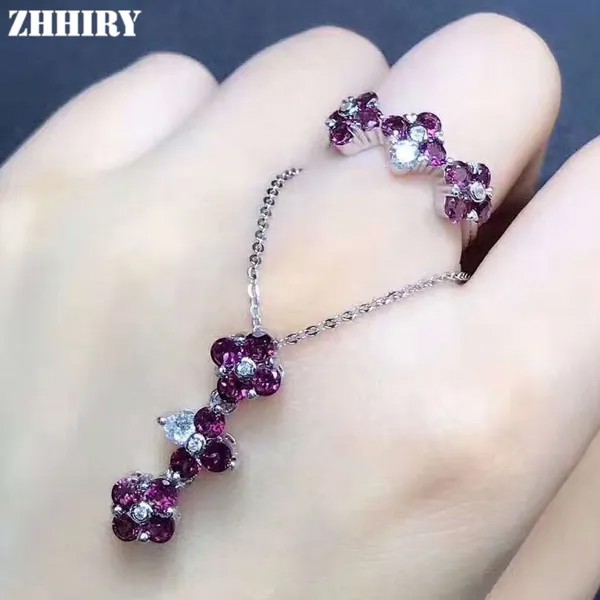 ZHHIRY, Женские Ювелирные наборы из пиверса, фиолетовый гранат, Настоящее серебро 925 пробы, кольцо, ожерелье, подвеска, цепочка, набор драгоценн...