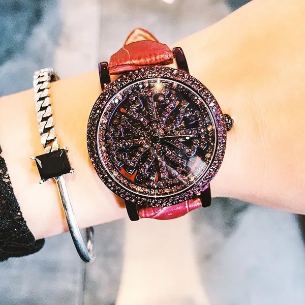 Часы наручные кварцевые с большим циферблатом, модные водонепроницаемые высококлассные вращающиеся женские часы с алмазным камнем