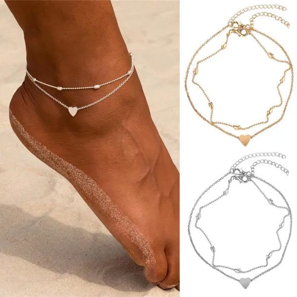 2pcs/set Women Anklets Heart Barefoot Sandals Foot Jewelry Two Layer Foot Legs Bracelet Anklets