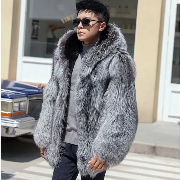 Мужское меховое пальто с капюшоном из лисьего меха, интегрированное благородное пальто из меха норки, серебристое цельное Норковое Пальто, повседневная темпераментная теплая Модная куртка
