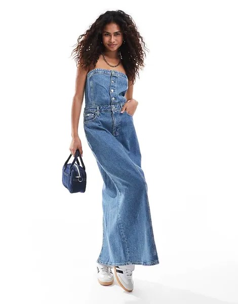 Calvin Klein Jeans – Голубое джинсовое платье-бандо макси