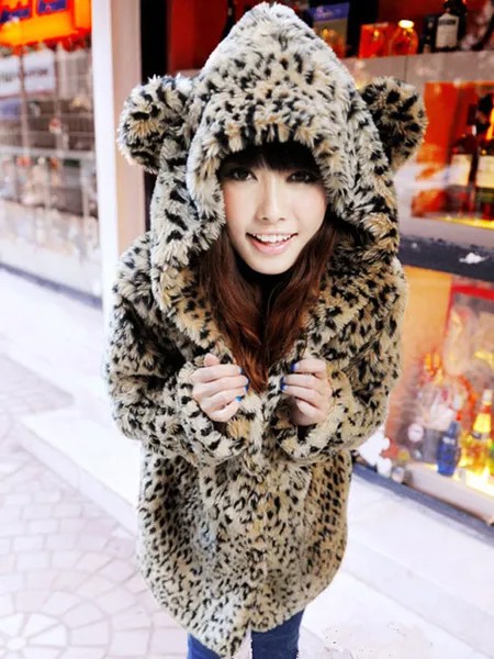 Milanoo Leopard Faux Fur Coat Women Hooded Fluffy Winter Coat With Cat Ears Tails