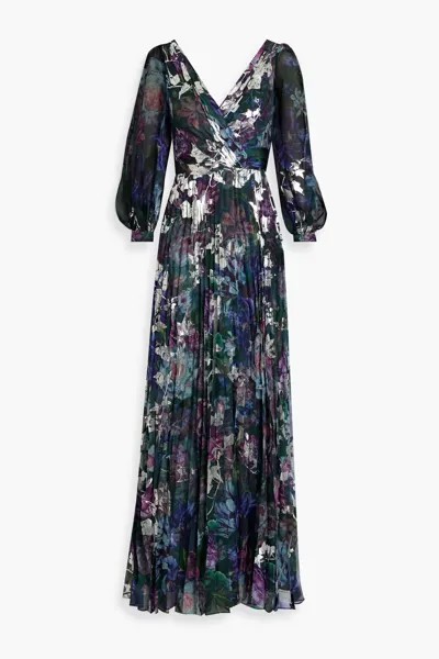 Шифоновое платье с вырезами и металлизированным цветочным принтом Marchesa Notte, изумруд