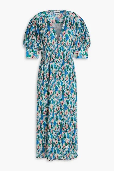 Платье миди из плиссе-жоржета с цветочным принтом GANNI, разноцветный